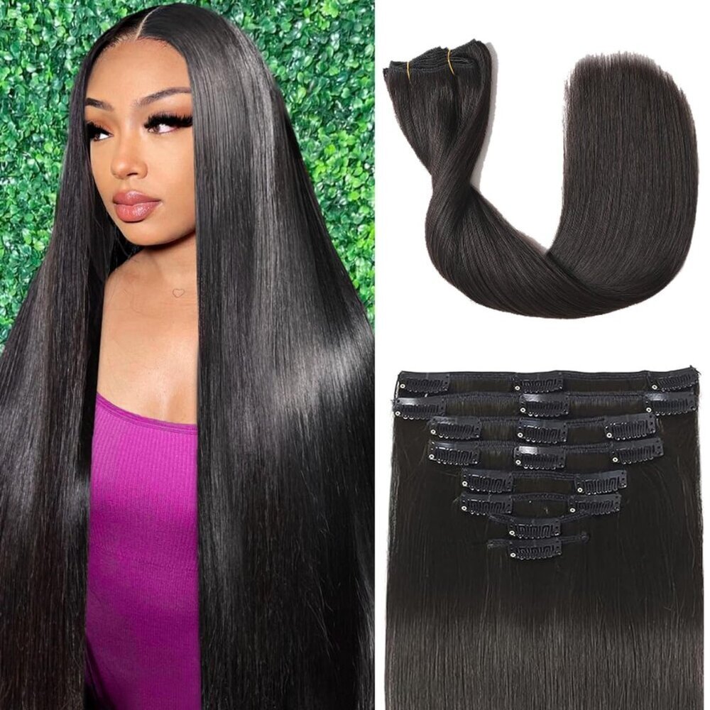 Clip In Hair Extensions Human Hair 16 Inch Natural Black Long Straight Volume
